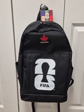 Black FIFA World Cup 2026 Team Canada Backpack featuring a red maple leaf logo.